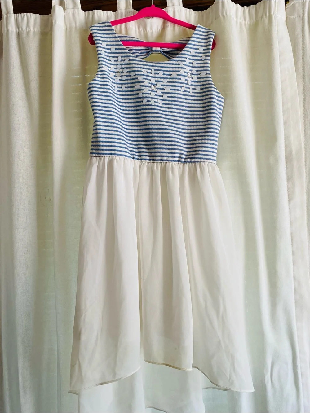 Iz Byer Blue & White Striped Bodice with White High-Low Skirt Dress